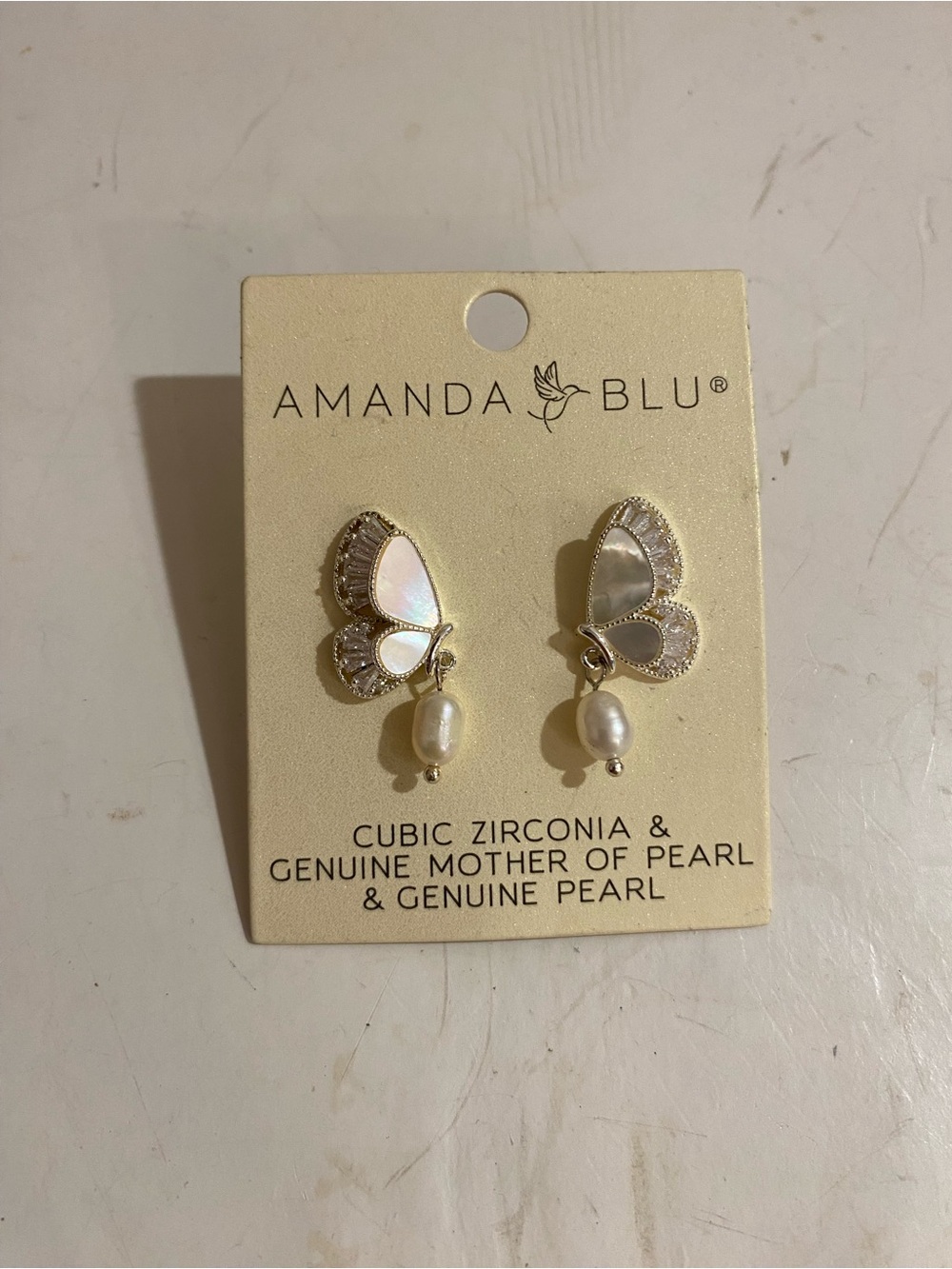 Amanda Blu Cubic Zirconia & Genuine Mother of Pearl Butterfly Post Earrings (RR) - Picture 5 of 7